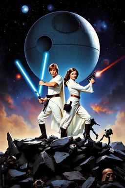 stars nebula and the Death Star large at top, in front in poses from the original star wars posters is Luke Skywalker with lightsaber and Princess Leia Organa with upward pointing raygun both in white clothing atop crumbling stone and droid parts