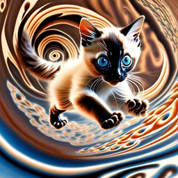 A high-speed action shot of a young Siamese kittenwith brown ears, captured in mid-leap or play. The image is detailed and intricate, featuring swirling fractal patterns surrounding the kitten, enhancing the sense of motion and energy. In the background, there's a mesmerizing fractal landscape, with complex geometric shapes and vibrant colors. The landscape and the fractal patterns around the puppy blend seamlessly, creating a dynamic and visually captivating scene in space with chrome silver pl