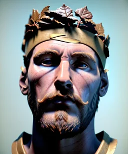 Gran angular, Realistic image, roman sculpture, marble deluxe material, Lionel Messi, gold Laurel leaves crown model, miguel angel style, chisel style, emperador, God light, god rays, 4k resolution, smooth details, ornate details, soft lighting, unreal engine 5, soft cyan background.