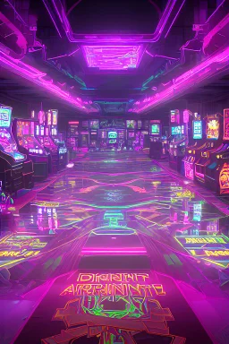 A dark photo of a full panoramic view an 80's aesthetics arcade at night, with a lot of functioning arcade machines, a vaporwave floor and some colorful tiles in between the floor. Purple aesthetics. Full panoramic view