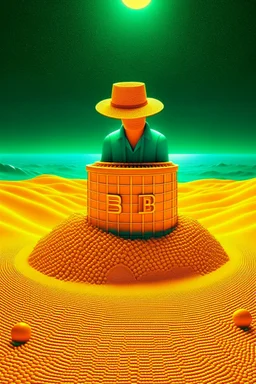 beeple THE ONLY LIMIT IS YOUR IMAGINATION in the sandbox with bucket and spade and bitcoins