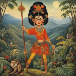 [art by Frida Kahlo] Legendary Monkey King with her staff on the jungle hills feet, and monkey tail, multiple arms shiva