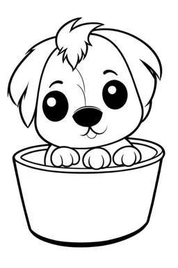 a simple outline of a cute dog in a pot, in a drawing style, black and white.