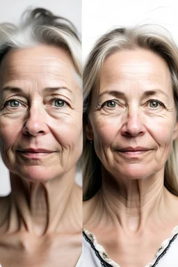 Stunning natural true colors professional photography showing a voluptuous and incredibly beautiful 45-year-old European woman on white background showing half of the face with wrinkles and other half without wrinkles