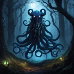 [high res photo] creature from the depths of the dark forest, a shadowy being with tentacles for arms and eyes that glow in the night. This monster wears socks in knitwear, with a pattern resembling ancient runes. The socks pulsate with an eerie energy, matching the creature's otherworldly presence.