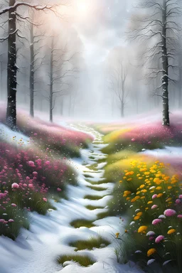 a field filled with lots of flowers next to a forest, footsteps in the snow, beautiful mattepainting, splashes of colors, path, very attractive and beautiful, heavy mist, ( land ), pathway, color splashes, beautful view, soft edges, stunning screensaver, beautiful - n 9, computer painting, john eaves