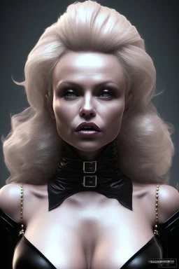 Pamela Anderson as evil queen in black leather, leather, busty, cleavage, angry, stern look. character design by cory loftis, fenghua zhong, ryohei hase, ismail inceoglu and ruan jia. unreal engine 5, artistic lighting, highly detailed, photorealistic, fantasy.