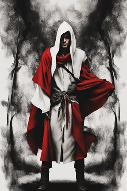 young man wearing red scarf and hood dark fantasy