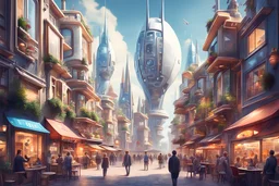 a highly developed a-bit-futuristic european city with beautiful coffee shops and developed buildings, and happy people investing money