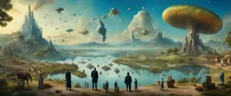 Salvador Dali and Hieronymus Bosch talking to each other at an outdoor surrealist market. A herd of dream-like sky-fish swim high in the far distant sky, with a beautiful surreal outdoor countryside summer scene with hills, waterfalls, and an intricate fractal sky, very high detail, photorealistic, epic cinematic, 8K, Large depth of field