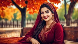 Hyper Realistic Photographic View of a Young Beautiful Pashto Woman with beautiful eyes & lips in maroon-dress-with-red-embroidery-&-black-velvet-dupatta, Smiling having Dimples on her cheeks & sitting on a fancy-wooden bench in an-autumn-park with Orange Leaves on the grungy-land with an old-thick-tree & sun-rays casting-tree-shadow showing dramatic & cinematic ambiance.