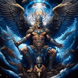 God-like man with infinite power who owns the galaxies and wears a beautiful crown, a jewel of diamonds and galaxies with weapons riding on a creature with an eagle head and eagle wings and eagle hands