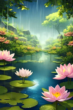 Rain, rocks, gardens, ponds, lotus leaves, lotus flowers