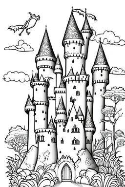 clipart colouring book in black and white for children of fantasy castles