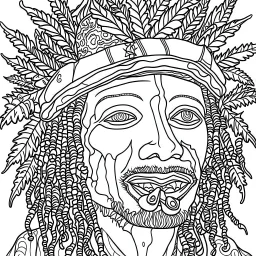 Coloring page for beginers, with "rastaman smoking marijuana", very Bold outlines and white background, anime style, minimal number of elements, very simple, not very detailed