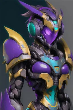 One Genderless Cyborg made of old rusted metal, has a human like face with a really long violet ponytail, the armor is similar to Omega from Megaman. The color palatte of the armour is deep purple and yellow. They have Turquoise colured eyes. The Background is dark grey.