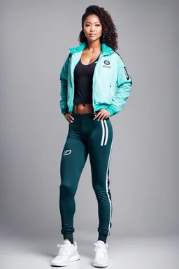 a cute full body shot of adult lady wearing sport pants and jacket standing