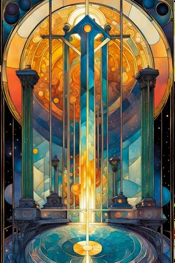 Create a chaotic abstract cubist Tarot Card depicting ,The Four of Swords , in the style of Bill Sienkiewicz, Philippe Druillet, Gustav Klimt, Alphonse Mucha, and Jean Giraud Moebius, precisely drawn, colored and inked, in muted colors, with ornate bordered edges