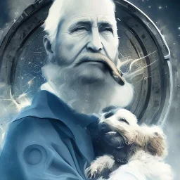 old man with dog travels the universe of sound, photorealistic, 8k