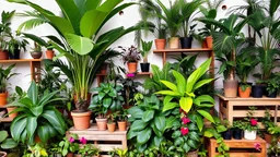 A photo of an indoor jungle with a variety of tropical plants. There are large plants with big leaves, like palms and ferns. There are also smaller plants with colorful flowers. The plants are placed in pots of different sizes and shapes. The pots are arranged on wooden shelves, crates, and the ground. The background is a white wall with a few holes.