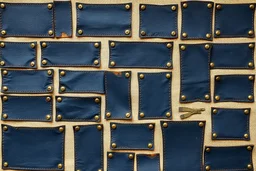 canvas background covered with a grid of many rectangular weathered navy blue leather patches that are each stitched (brown) and nailed (brass) around the edges