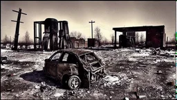 A Tesla's 'Model S Plaid' is parked, in the post-apocalyptic world of the 'Terminator' movies. CINEMATIC. WIDE ANGLE LENS. PHOTO REAL.
