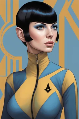 facial portrait -- an absolutely stacked, thin, petite, little female, who resembels Spock, with great big giant bazoombas, short, military-cut, buzz-cut, pixie-cut black hair tapered on the sides, bright blue eyes, wearing short sleeved, nylon, Turtleneck half shirt, blue jean mini shorts, heavy, black fishnet stockings, punk rock styled, platform boots, red lipstick, dark, emo, eye makeup, a black and gray gradated wall with fog in the background