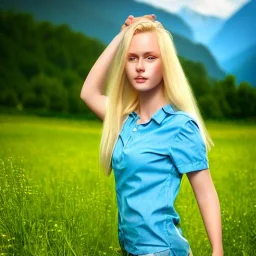 beautiful young blond Swiss girl standing in green field, mountain, sun, wearing blue shirt over, open arms, realistic eyes, blue eyes, unreal engine, photograph, realistic skin texture, photorealistic, hyper realism, highly detailed, 85mm portrait photography