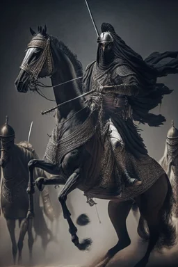 A full-body Arab warrior, raising his sword upwards, and riding his horse, who stands proudly in front of a group of Arab army, a dark background, a black horse, and dressed as an Arab warrior. Complex details, realistic, vivid image, cinematic atmosphere, dynamic shot.