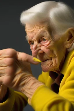 Old woman jabbing with a finger of her yellowing claw-like hand