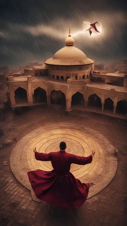 Hyper Realistic photographic-aerial-view Sufi Whirling with Golden & Maroon Islamic Sufi Rustic Grungy Background with thunderstorm at heavy rainy night outside an ancient Islamic architectural building showing dramatic & cinematic ambiance.