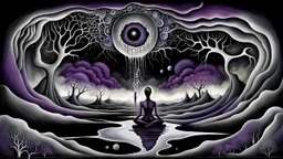 painted inner world with neurodivergens mind and soul, floating weid sharpen things over cracked weird landscape . an alone woman of black shilutte sitting in big fade neuoron web. deep dark colors, dark purple, gray, with silver and black. in background big dark abyss, surreal vibe, Whimsical strange style of Chagall, of LORI EARLEY and of Anton Semenov. weird absurd beauty nightmare, black shadows, in background cyber neuronic network, surreal vibe,