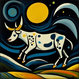 una vaca saltando bajo una luna brillante al estilo de Pablo Picasso