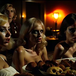 Horror movie shot, spooky, hot, ultra realistic, dine, horns, ultra realistic hot blonde women, yeat-end party, pieces of meat, organs, ail, dynamic, very excited people, hypermaximalist figures, light, 1970's Italian horror movie, sinister,, Dario Argento, Stanley Kubrik, ornate, 4k, photorealism