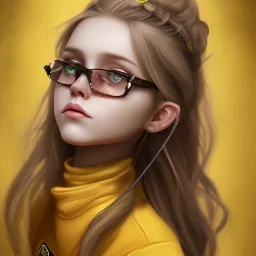 Girl with long wavy brown blond hair, yellow hawk eyes. Wears Hogwarts Hufflepuff uniform and sunglasses with a yellow clip.