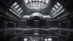 spaceship landing inside dark, wet, cathedral-like mysterious gigantic old futuristic sci-fi hangar, very high ceiling, photographic, black and white