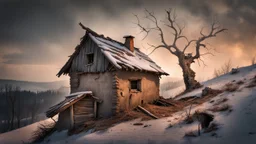 a lonely old adobe hut with worn adobe brown-gray wall and a small window, a crumbling roof, an old chimney stands on a hill, next to it is a small woodshed by the wall, and an old withered tree leans over the hut on thr old tree sitting a black crow, the hut stands on the edge of a European forest, winter, snowy landscape, low light, dawn, snow, high detailed, sharp focus, high realistic, perfect photo