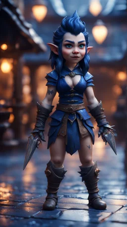 full figure with metallic stone gauntlets holding dark blue jagged dagger, standing on wet tiled floor outside fantasy tavern, female asian vampire gnome from worms armageddon wearing makeup, bokeh like f/0.8, tilt-shift lens 8k, high detail, smooth render, down-light, unreal engine, prize winning