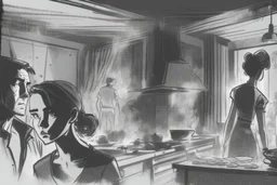 black and white storyboard, wide, on the Foreground there is a man and a girl in profile close to the camera, we see just part of their bodies passing by, and in the background, 3 chefs, scattered throughout the kitchen cooking, frying, cutting