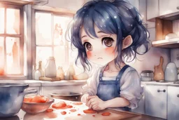 watercolor and ink, cute chibi anime sad girl in the kitchen, ethereal, cinematic postprocessing, bokeh, dof