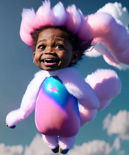 Ultra realistic speed clouds sky scene, wide angle view, sweet childs falling down, inflatable color clothing, free jumping flying, many trinkets, monster hair, hair monster, many jelly beans, balls, smile, happy, circus style, extreme, wind, clouds sea, 20,000 feet altitude, stratosphere, soft color, highly detailed, unreal engine 5, ray tracing, RTX, lumen lighting, ultra detail, volumetric lighting, 3d, finely drawn, high definition, high resolution.