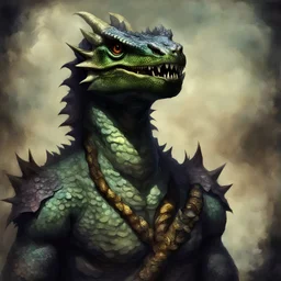 Pungent Adder a naga argonian of the darkest scales demands a ransom, in faux painting art style