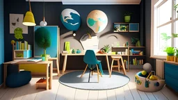 Children's study room at home. Modern spacious interior with desk, chair, bookshelves, chalkboard, lamps, Earth globe, plants, boxes, toys, rug, and laminate flooring. Unisex design for boy or ... See More By Studio