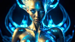 A Photograph with bioluminescent and luminous artistic style photo a alien woman. Full body.An curvy model with translucent irredescent skin showcases an alluring,perfect face in ultra-realistic detail. Blue eyes.The composition imitates a cinematic movie with dazzling,golden and silver light effects.The intricate details, sharp focus, and crystal-clear skin create a highly detailed,studio photo that is as mesmerizing as the works of Carne Griffiths and Ralph Horsley.ultra hd