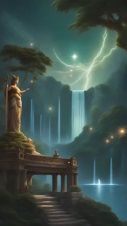 A stunning view of the god Athena as she plays a heavenly banyan in her temple on the emerald waterfall. It is decorated with stars and planets. And lightning in the form of Zeus in the sky