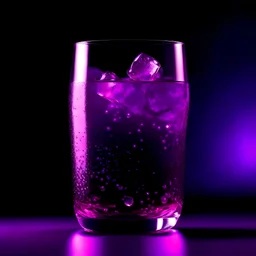medium dark purple soft drink full of bubbles, in a very futuristic glass glass, with ice cubes, on a medium dark purple background