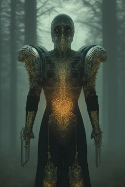 berserker made of energy portrait, no face, black jogging suite , in the night Alps, angels background, volumetric gold light, high detail, dark leaf tree, dark mountains in background, perfect, HR Giger style