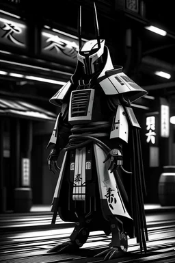 samurai robot in black and white cloak in a cyberpunk environment