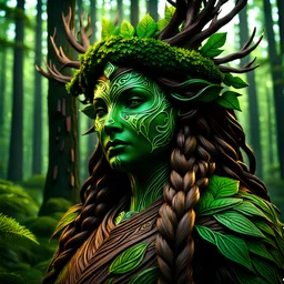 create a female shadowed forest spirit guardian , with highly detailed, sharply lined facial features, in the deep forest of Brokilon in rustic woodland colors, 4k