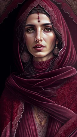 Hyper Detailed Gorgeous Turkish folklore woman, Wearing a maroon Bardot Dress & shawl